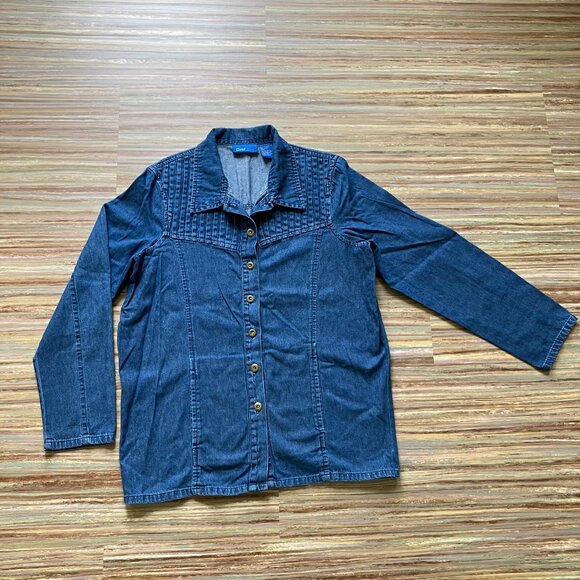 Denim Button Up Women's Shirt with Pleated Yoke Vintage 90s Cloud Nine Pockets - Picture 5 of 8